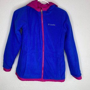 Columbia girl's L 14/16 reversible hooded jacket in pink nylon and blue fleece